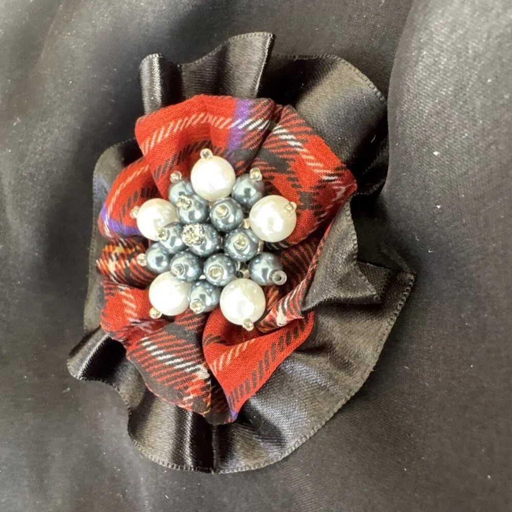 Cara Red Black Plaid Pearl Beaded Floral Hat Brooch/Hair Pin Steampunk NEW